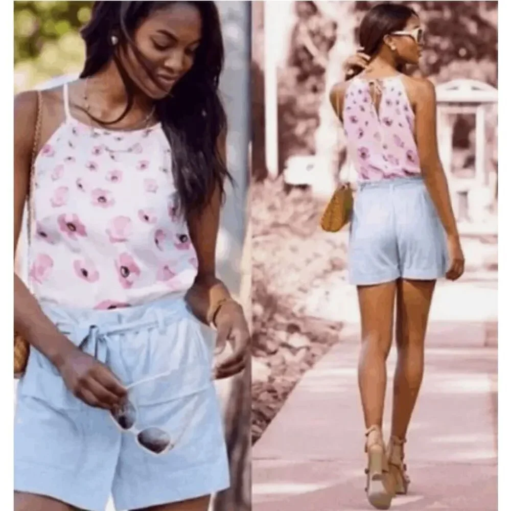 CABI Floating Poppies Halter Tank Tie Back Neck‎ Pink Floral Size Medium